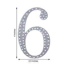 Decorative Rhinestone Number "6" Stickers, Glitter Adhesive Craft Numbers Silver DIY Sparkle Embellishments 4"