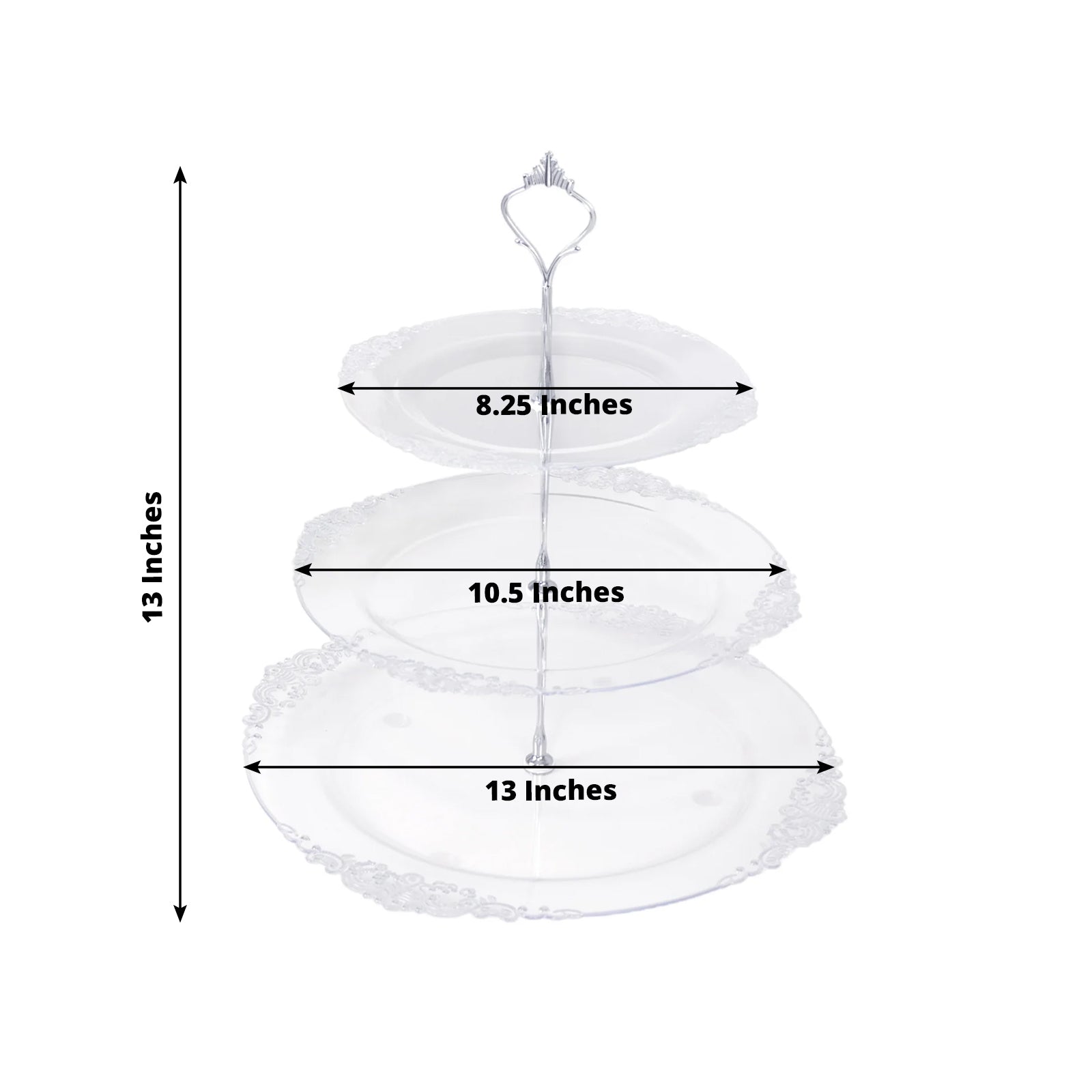3-Tier Clear Plastic Cupcake Tower Stand with Silver Embossed Baroque Rim, 13" Round Cake Dessert Holder Display Stand Tiered Serving Tray with Top Handle