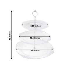 3-Tier Clear Plastic Cupcake Tower Stand with Silver Embossed Baroque Rim, 13" Round Cake Dessert Holder Display Stand Tiered Serving Tray with Top Handle
