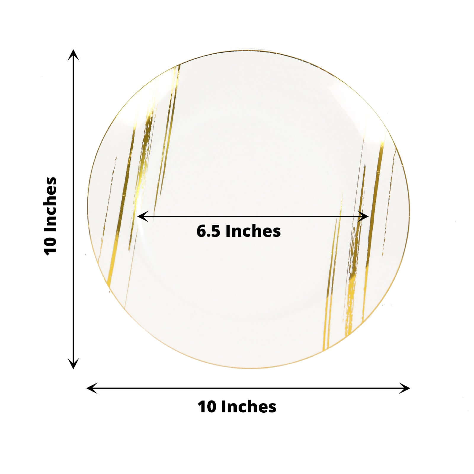 10-Pack Plastic 10" Round Dinner Plates in White with Gold Brush Stroked Print - Disposable Party Dinnerware for Modern Themed Events & Banquets