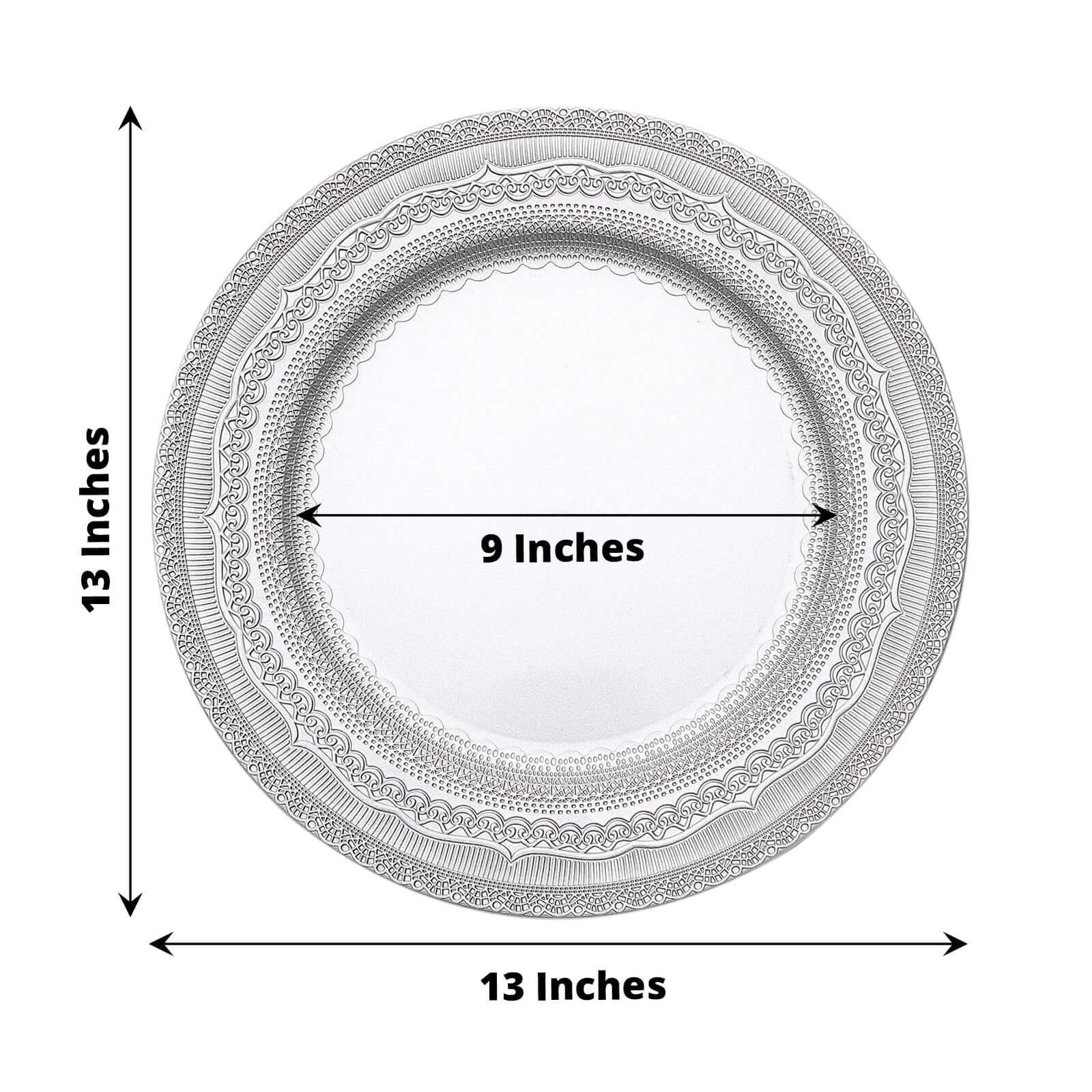 6-Pack Acrylic Round Charger Plates 13" in Silver with Lace Embossed Rim, Rustic Plastic Decorative Charger Tableware