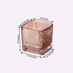 12-Pack Mercury Glass Candle Holders Rose Gold with Speckled Design - Square Votive Tealight Holders 2"