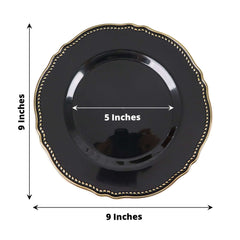 10-Pack Plastic Dinner Plates in Black with Gold Scalloped Rim - Disposable Party Plates for Upscale Events & Banquets 9"