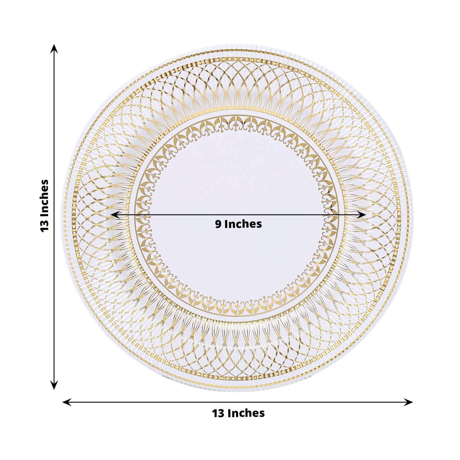 25-Pack Disposable Round Charger Plates in White/Gold Vintage Style - 350GSM Durable Paper Chargers for Events 13"