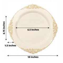 10-Pack Plastic 10" Round Dinner Plates in Ivory with Gold Leaf Embossed Rim - Disposable Vintage Baroque Style Plates