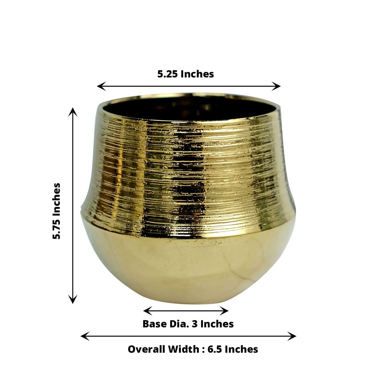 2-Pack Flower Plant Pots Textured Round Design Metallic Gold - Ceramic Cylindrical Bell Shaped Planters 6"