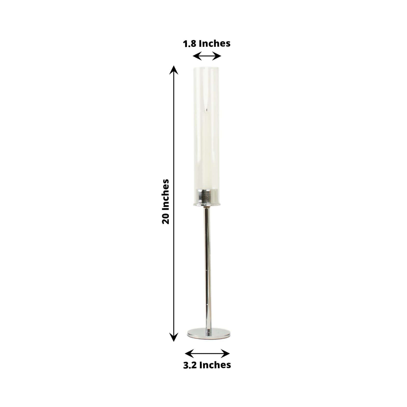 2-Pack Silver Metal Taper Candlestick Holders, Clear Glass Hurricane Candle Stands With Chimney Candle Shades 20"