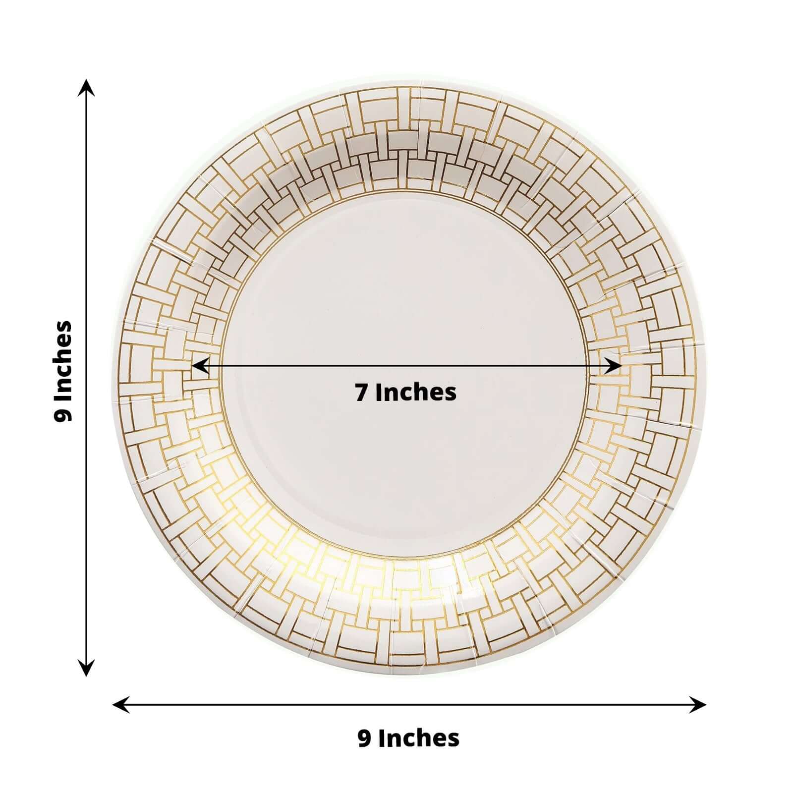 25-Pack Paper 9" Round Dinner Plates in White with Gold Basketweave Rim - Disposable Party Plates for Stylish Soirées & Festive Brunches