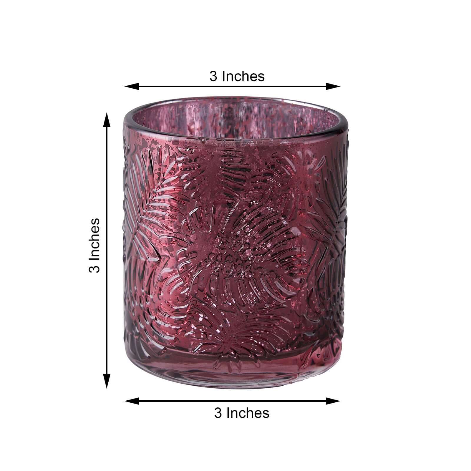 6-Pack Mercury Glass Candle Holders Burgundy Palm Leaf Design - Votive Tealight Holders for Events