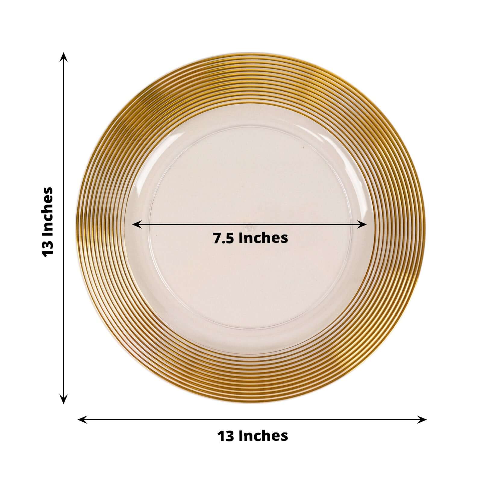 6-Pack Plastic Round Charger Plates 13" in Clear with Gold Lined Ring Rim, Classy Dinner Serving Plates