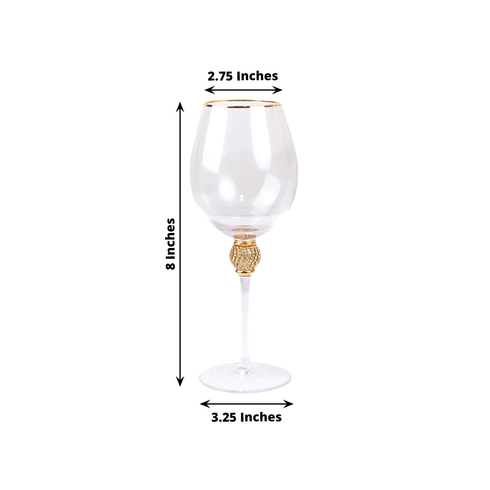 Set of 6 Wine Goblet Glasses Clear Gold Rimmed Design with Rhinestone Studded Stem - Handblown Vintage Crystal Glasses for Cocktails 16oz 10"