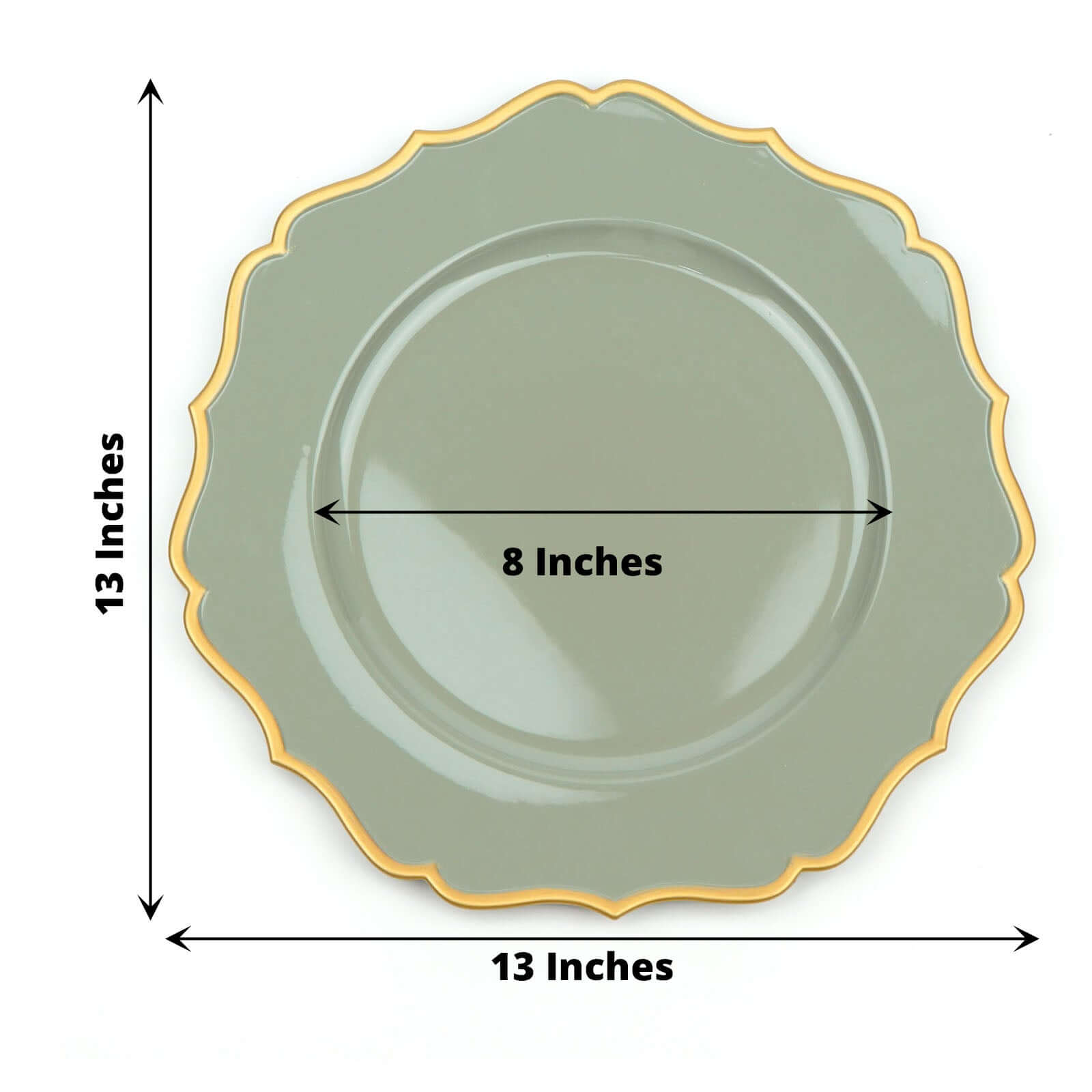 6-Pack Acrylic Round Charger Plates 13" in Dusty Sage Green with Gold Scalloped Rim, Decorative Dinner Party Plastic Charger Tableware