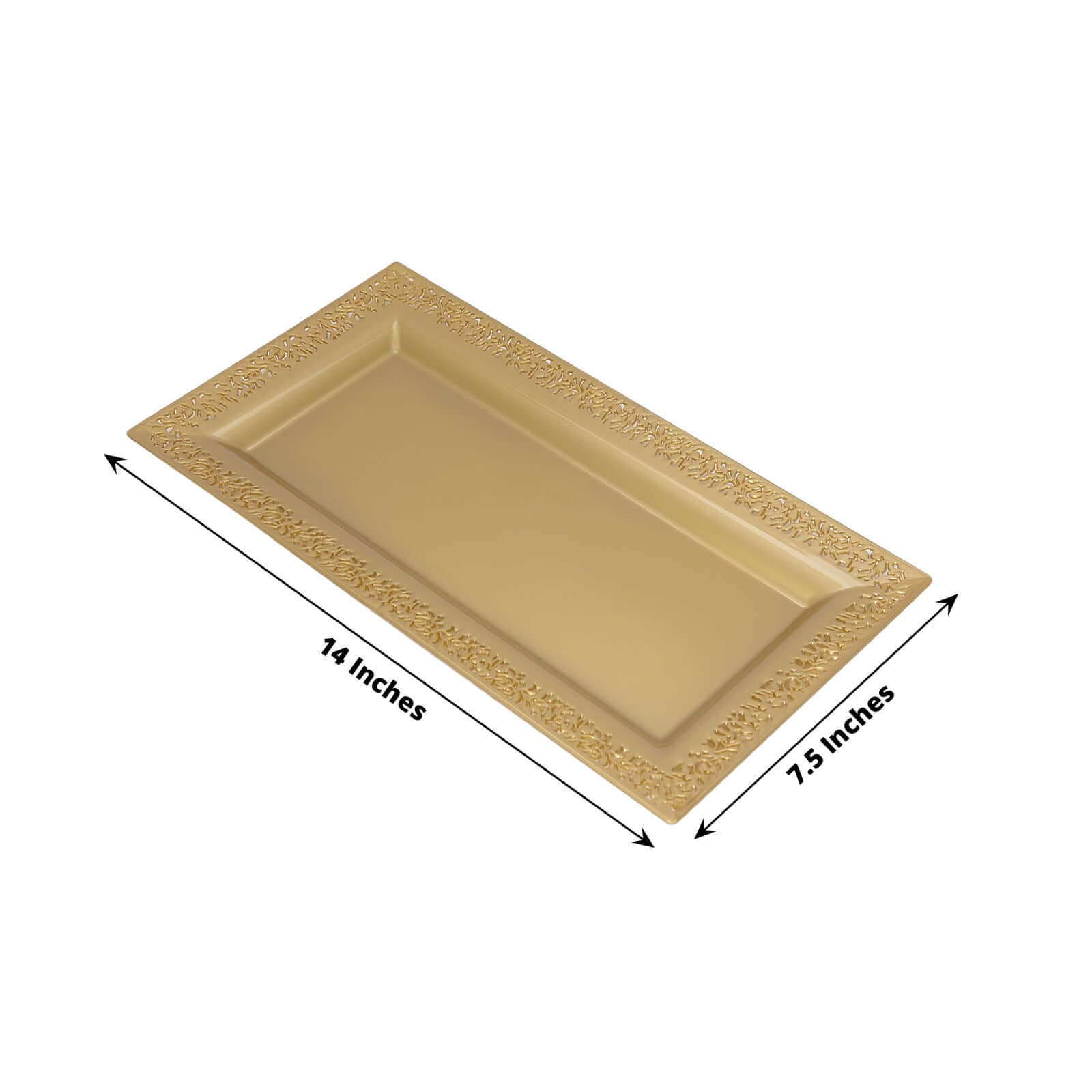 4-Pack Plastic 14" Rectangle Serving Trays Gold with Lace Rim - Chic Decorative Table Tray Platters for Buffets Banquets Dinner Parties