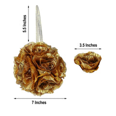 2 Pack 7" Gold Artificial Silk Rose Kissing Ball, Faux Flower Ball