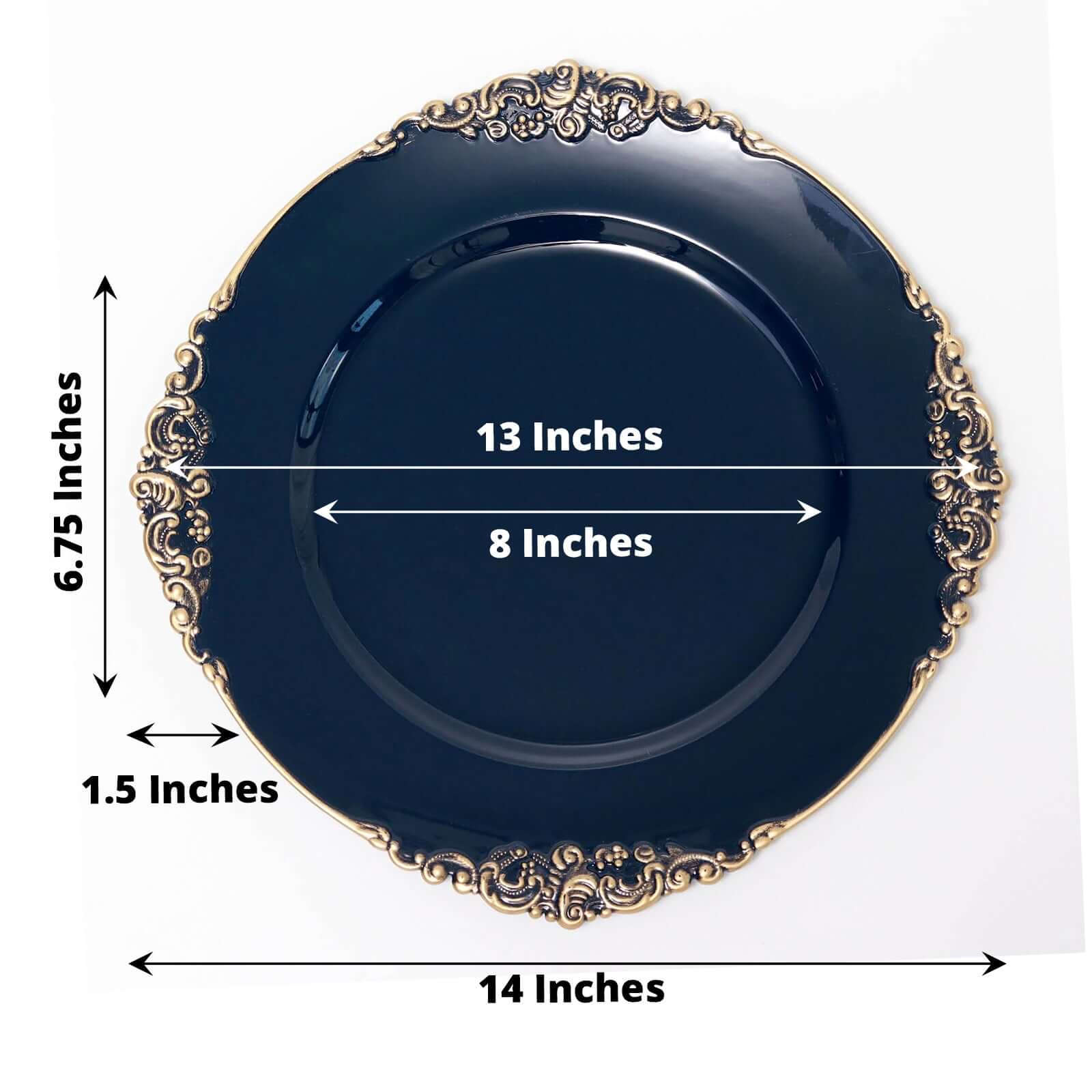 6-Pack Acrylic Round Charger Plates 13" in Navy Blue with Gold Embossed Baroque Rim, Antique Decorative Dinner Party Charger Tableware