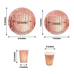 72 Pcs Paper Dinnerware Set with Diamonds Glitter Drip Pattern Rose Gold - Disposable Tableware Combo-Pack with Plates and Cups