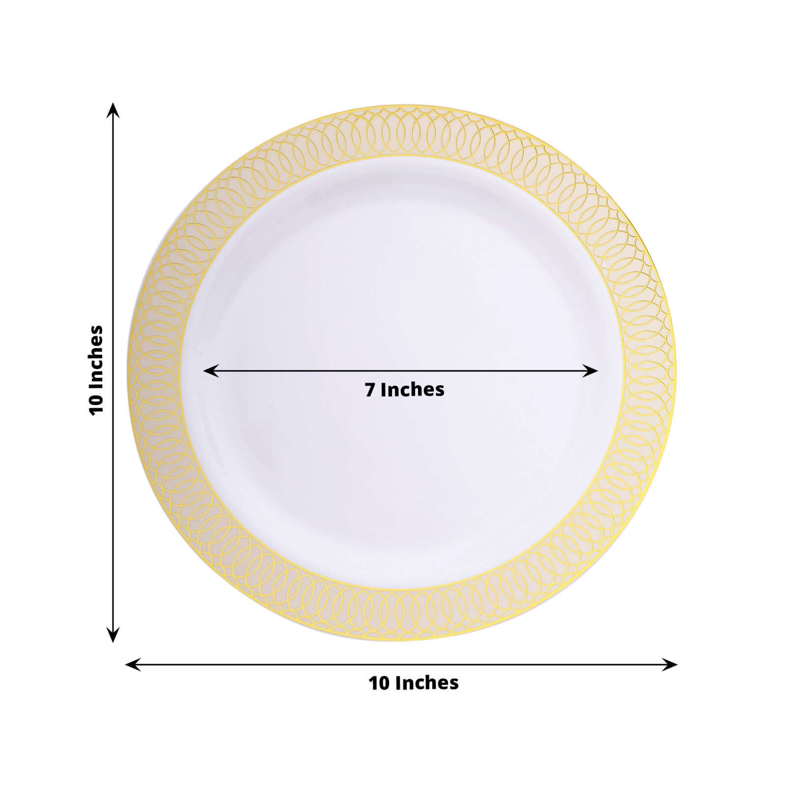 10-Pack Plastic Round Dinner Plates 10" White with Beige Gold Spiral Rim - Chic Disposable Party Plates