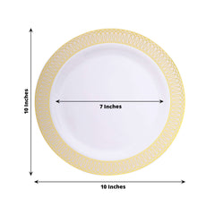 10-Pack Plastic Round Dinner Plates 10" White with Beige Gold Spiral Rim - Chic Disposable Party Plates