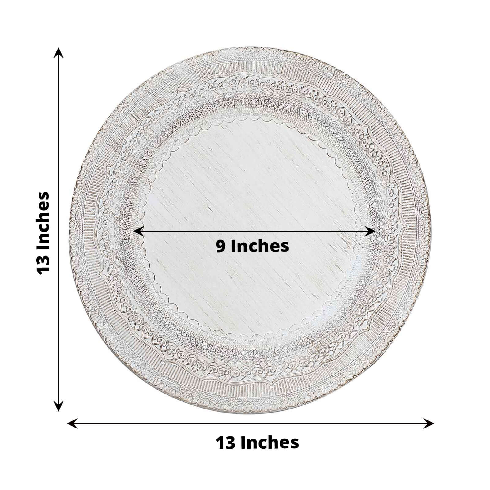 6-Pack Acrylic Round Charger Plates 13" in White with Lace Embossed Rim, Rustic Plastic Decorative Charger Tableware