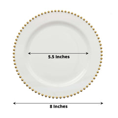 10-Pack White Plastic Dessert Plates – 8" Round with Gold Beaded Rim, Disposable for Parties & Events