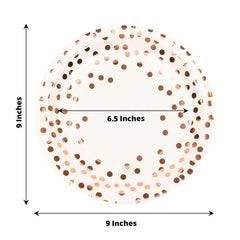 25-Pack Paper Round Dinner Plates 9" White with Metallic Rose Gold Polka Dots - Disposable 300GSM Party Plates for Banquets & Celebrations