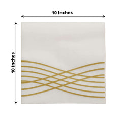 20 Pack Linen-Like Paper 5"x5" Napkins White with Gold Foil Wave Design - Classy Disposable Airlaid Cocktail Napkins