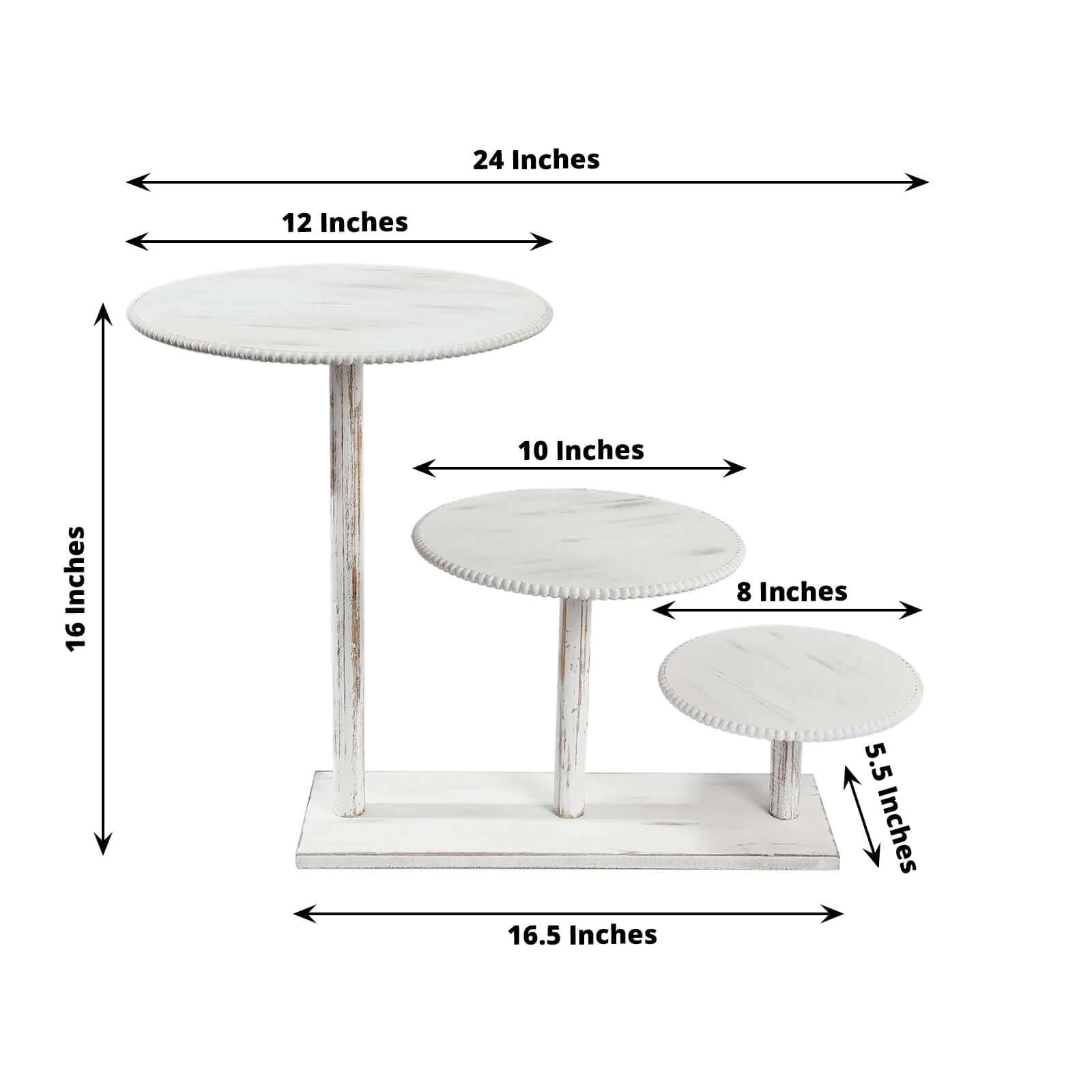 3-Tier Wooden Cake Stand Whitewash with Round Beaded Rim Trays - Rustic Cupcake Tower Dessert Display 24"x16"