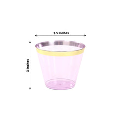 25-Pack Plastic Party Cups Transparent Purple Crystal with Gold Rim - Stylish Short Disposable Glasses 9oz