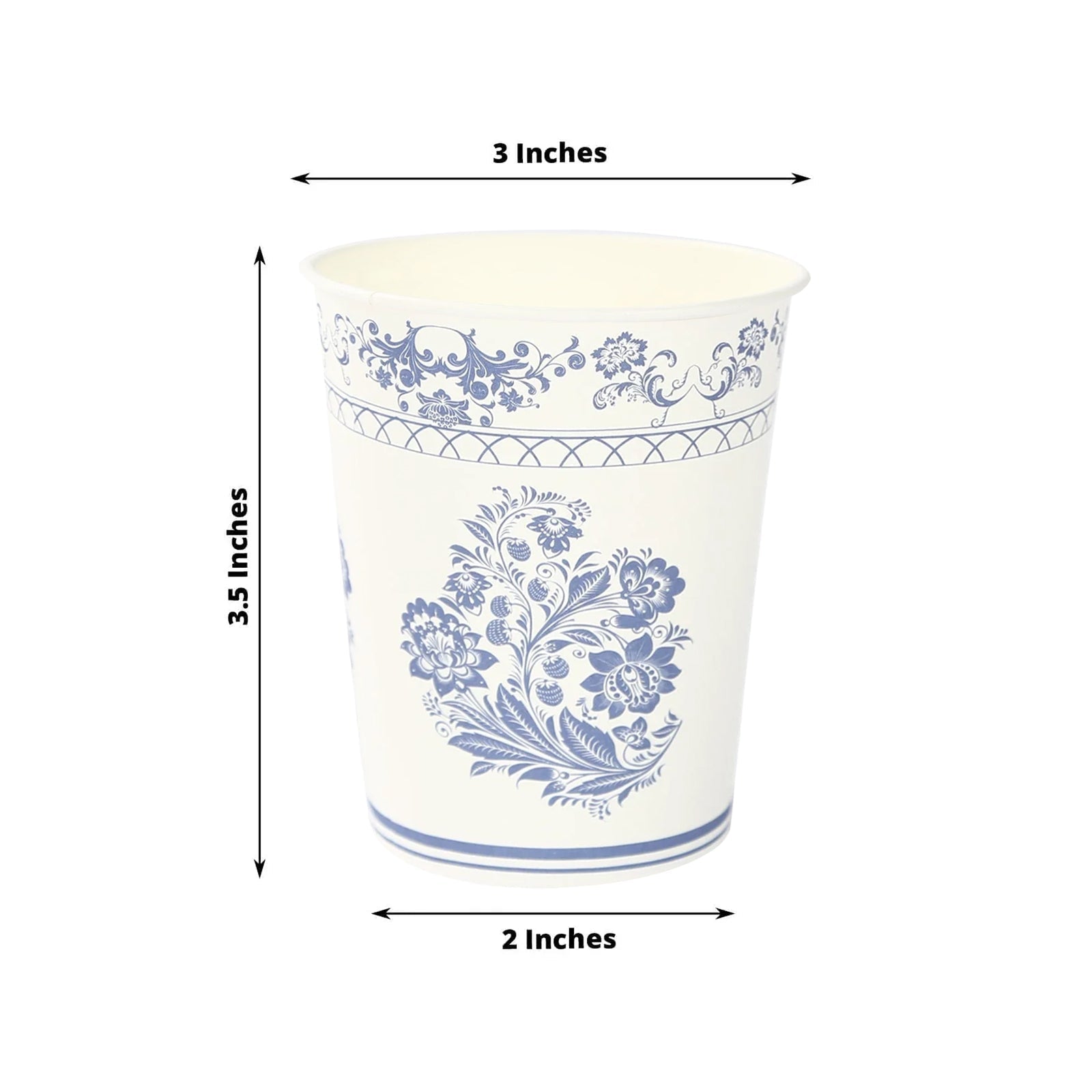 24 Pack Disposable Paper Cups in White Royal Blue Damask Floral Pattern, Elegant Party Cups - 9oz