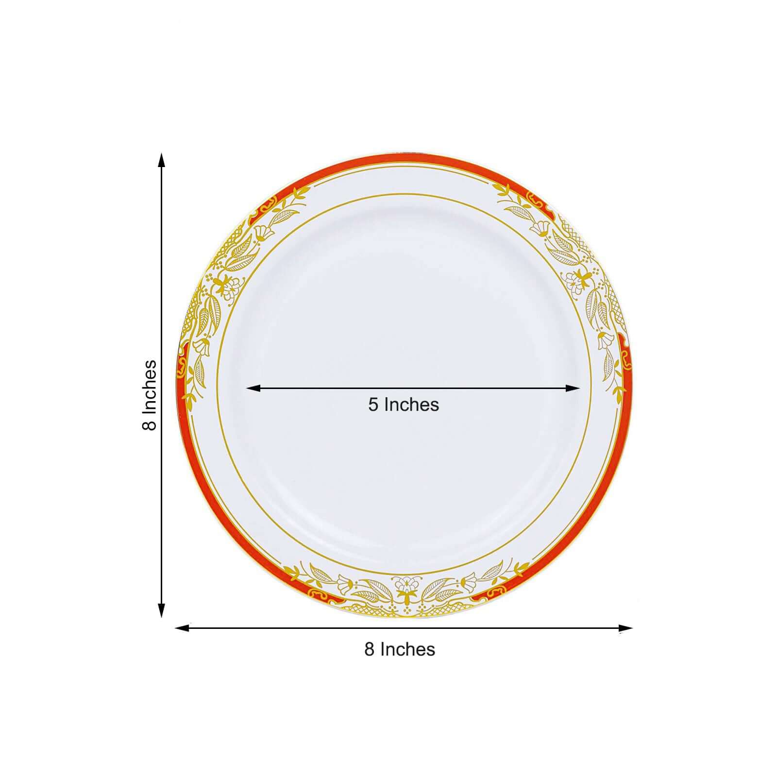 10-Pack Plastic 8" Round Dessert Plates in White with Red Rim - Stylish Gold Vine Design Disposable Salad/Appetizer Plates for Special Occasions & Celebrations