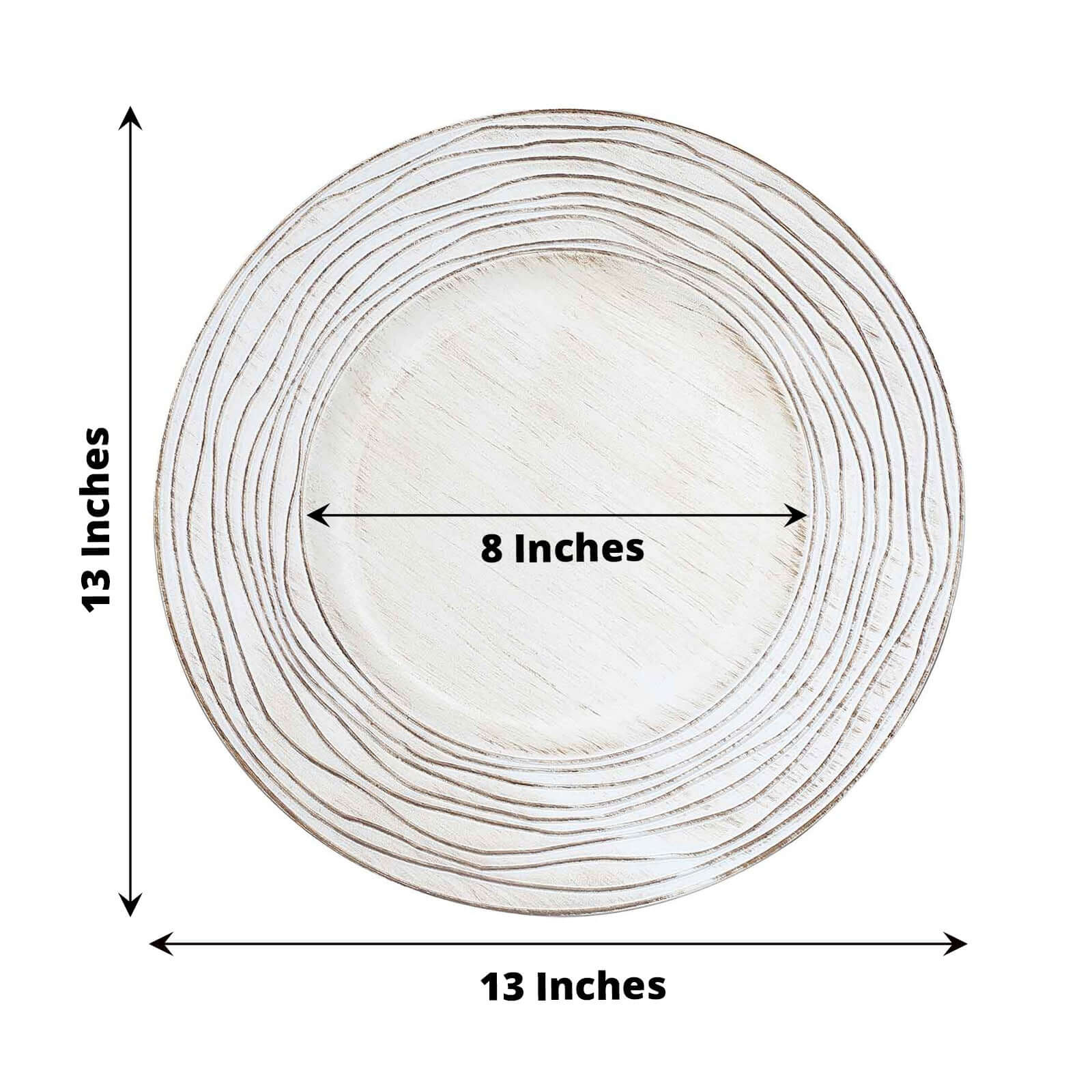6-Pack Faux Wood Round Charger Plates 13" White Washed with Rose Embossed Rim, Disposable Plastic Charger Tableware