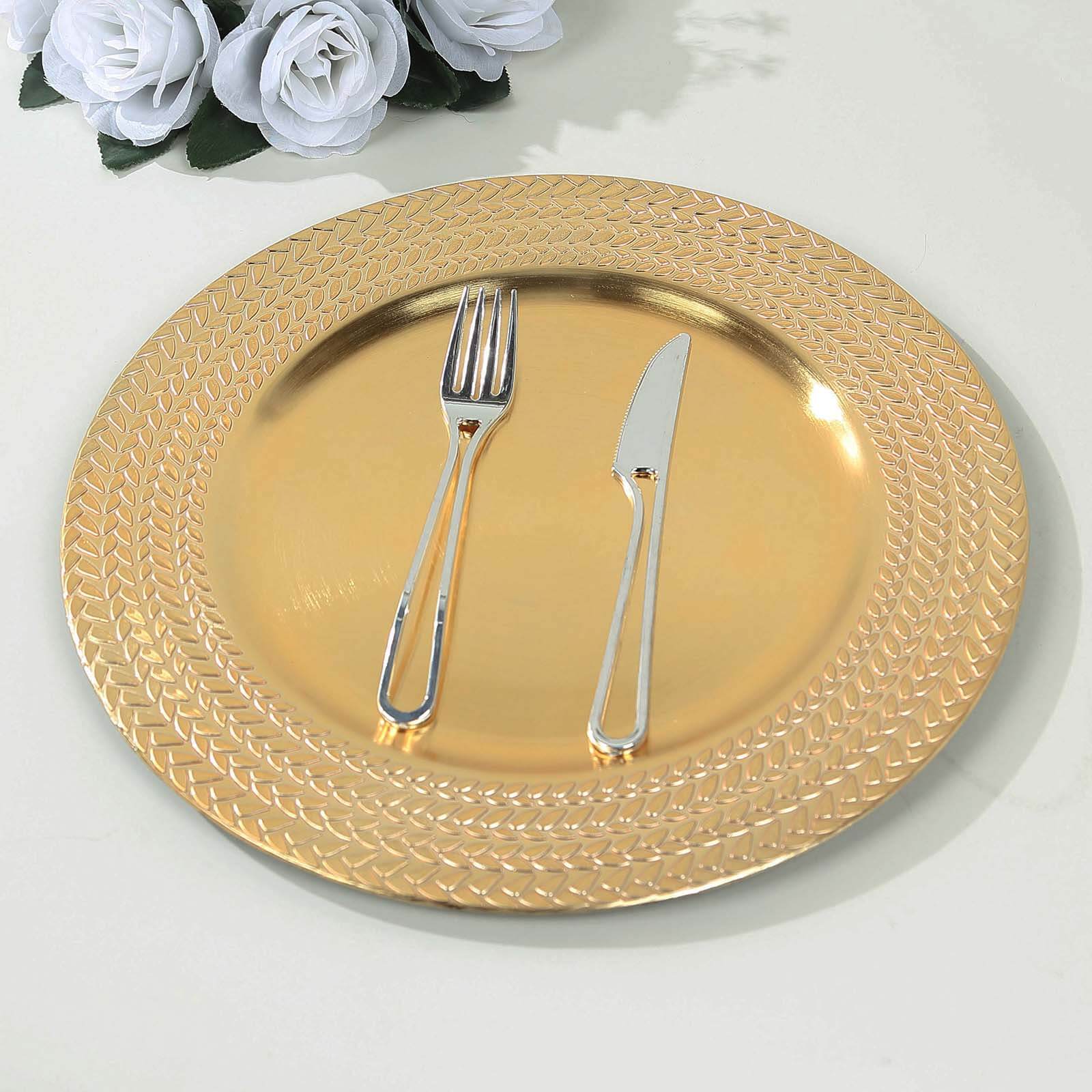 6-Pack Acrylic Round Charger Plates 13" in Gold with Wheat Pattern Rim, Stylish Dinner Party Charger Tableware