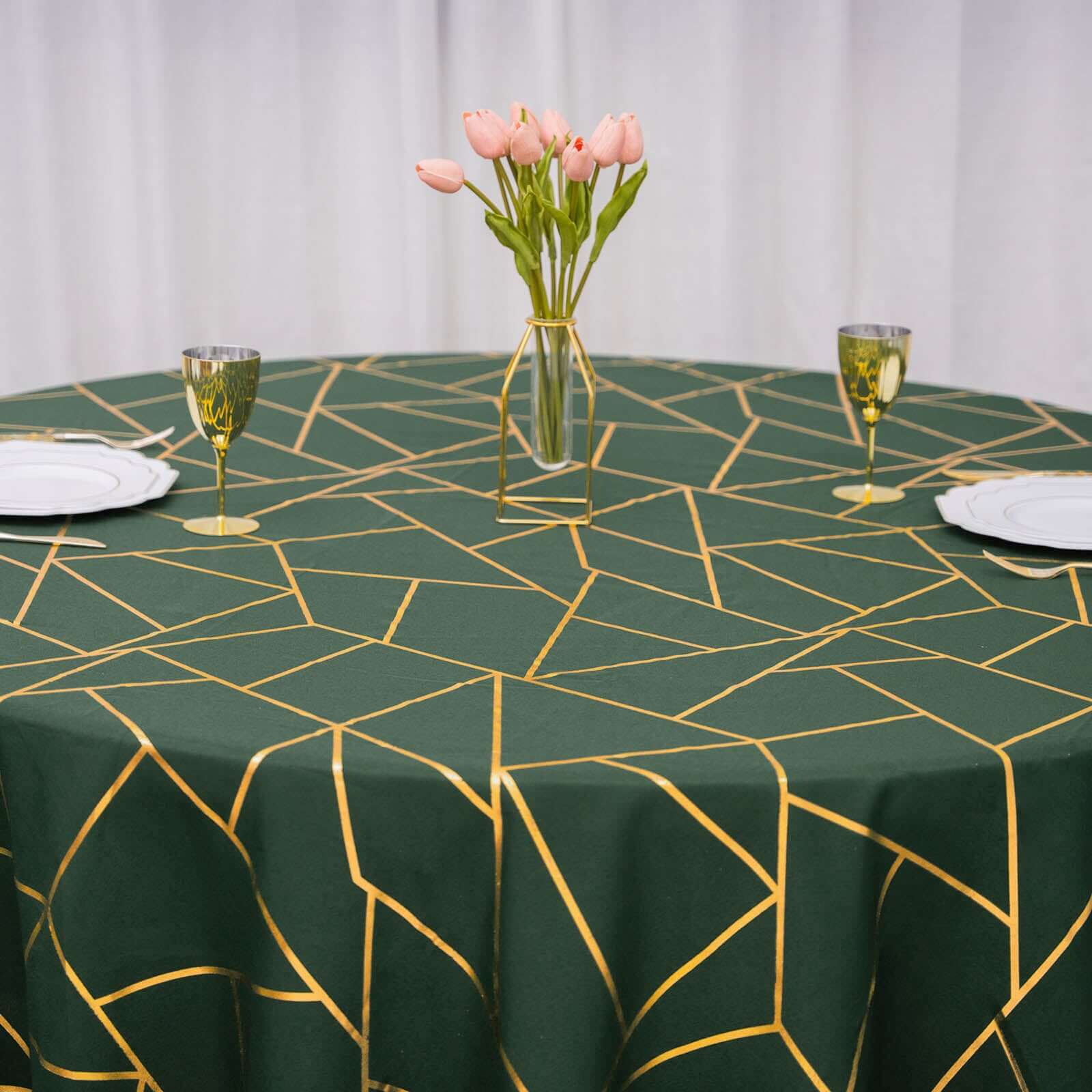Polyester 120" Round Tablecloth Hunter Emerald Green with Gold Foil Geometric Pattern Wrinkle-Resistant Seamless Table Cover