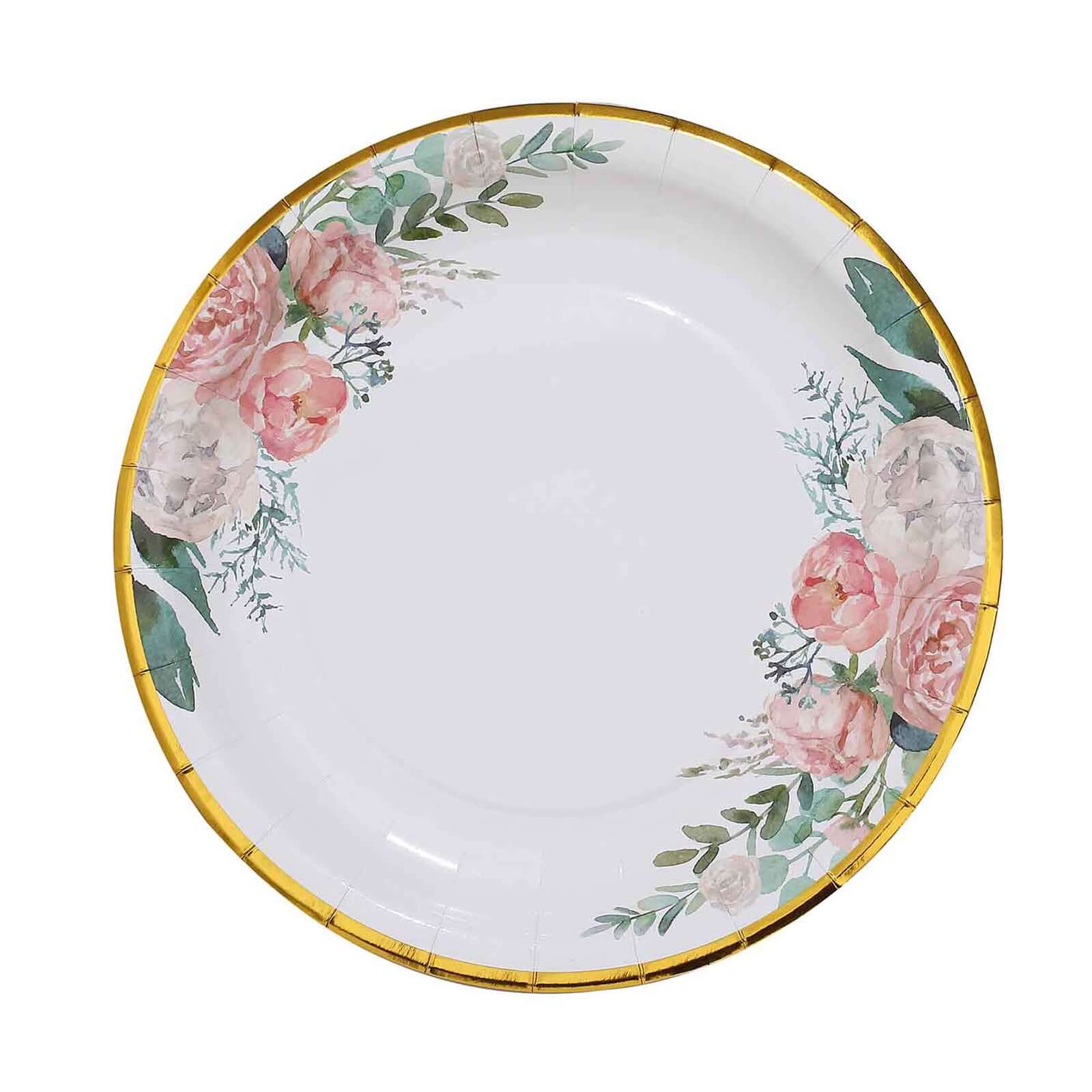 25-Pack Paper 9" Round Dinner Plates White with Peony Floral Design & Gold Rim - Disposable Floral Party Plates for Brunches & Afternoon Teas
