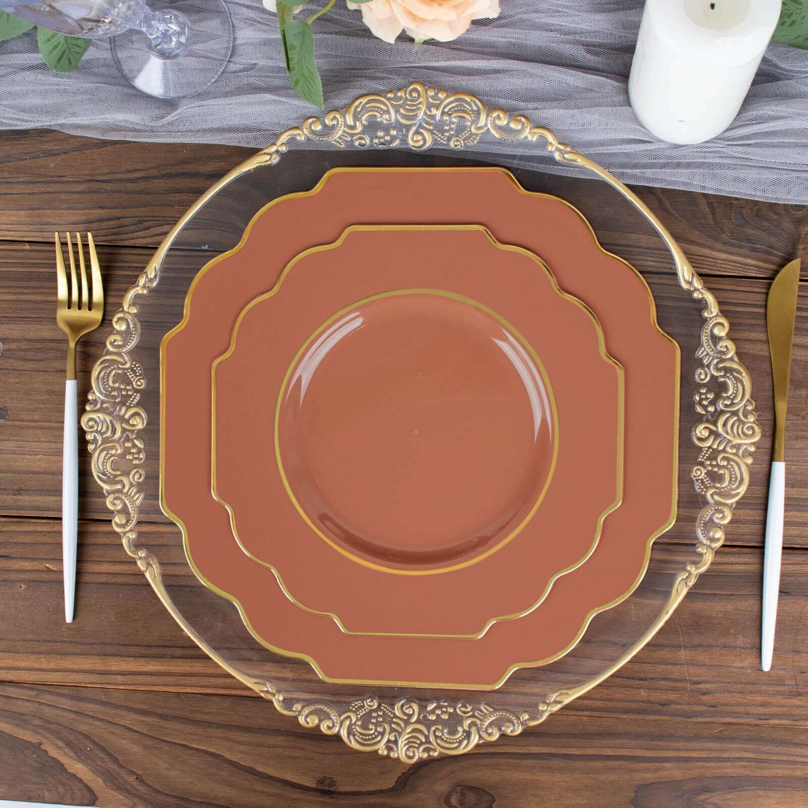10-Pack Plastic Dessert Appetizer Plates in Terracotta (Rust) Baroque Design with Scalloped Gold Rim - Heavy Duty Disposable Salad Plates 8"