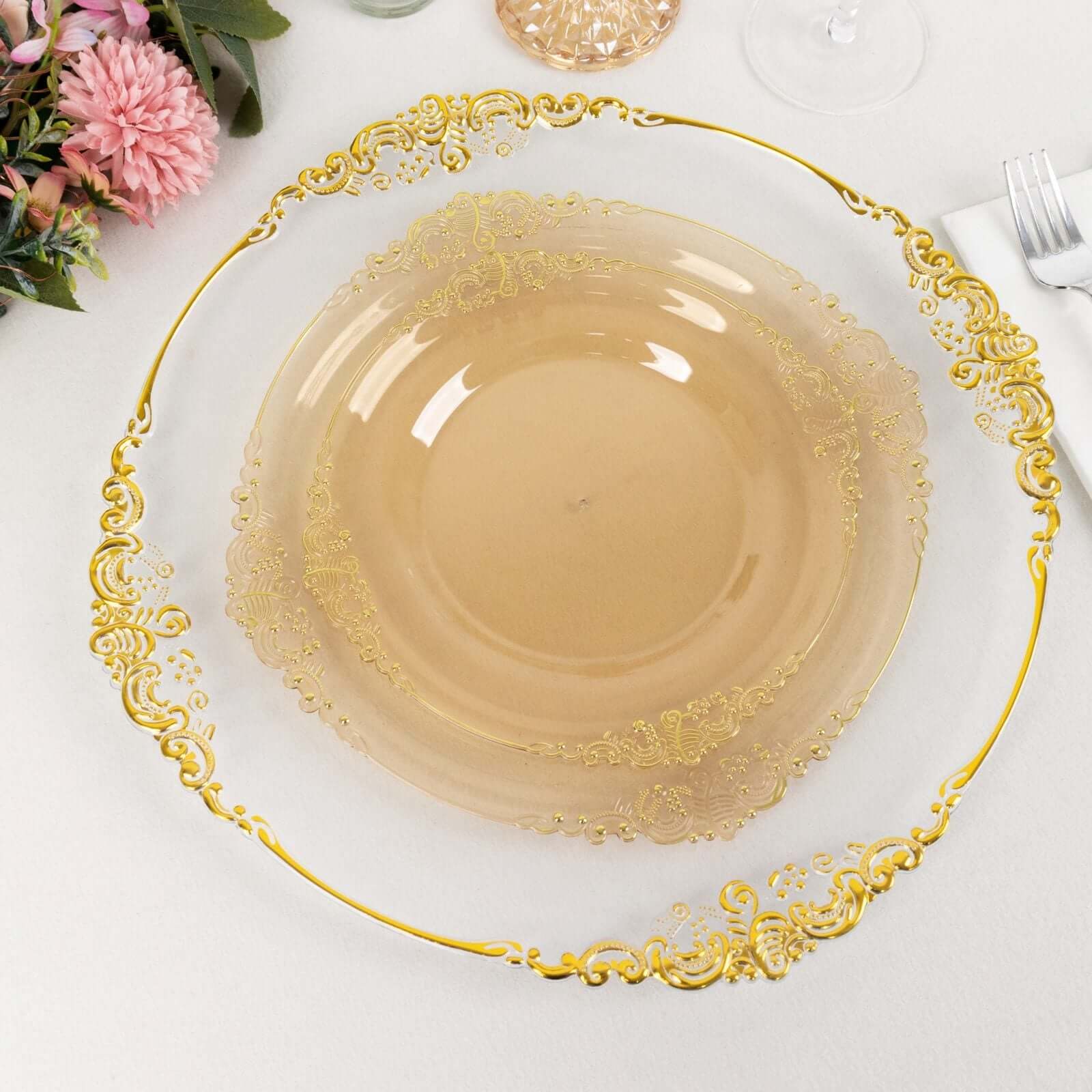 10-Pack Plastic 10" Round Dinner Plates in Transparent Amber Gold with Gold Leaf Embossed Rim - Disposable Vintage Baroque Style Plates