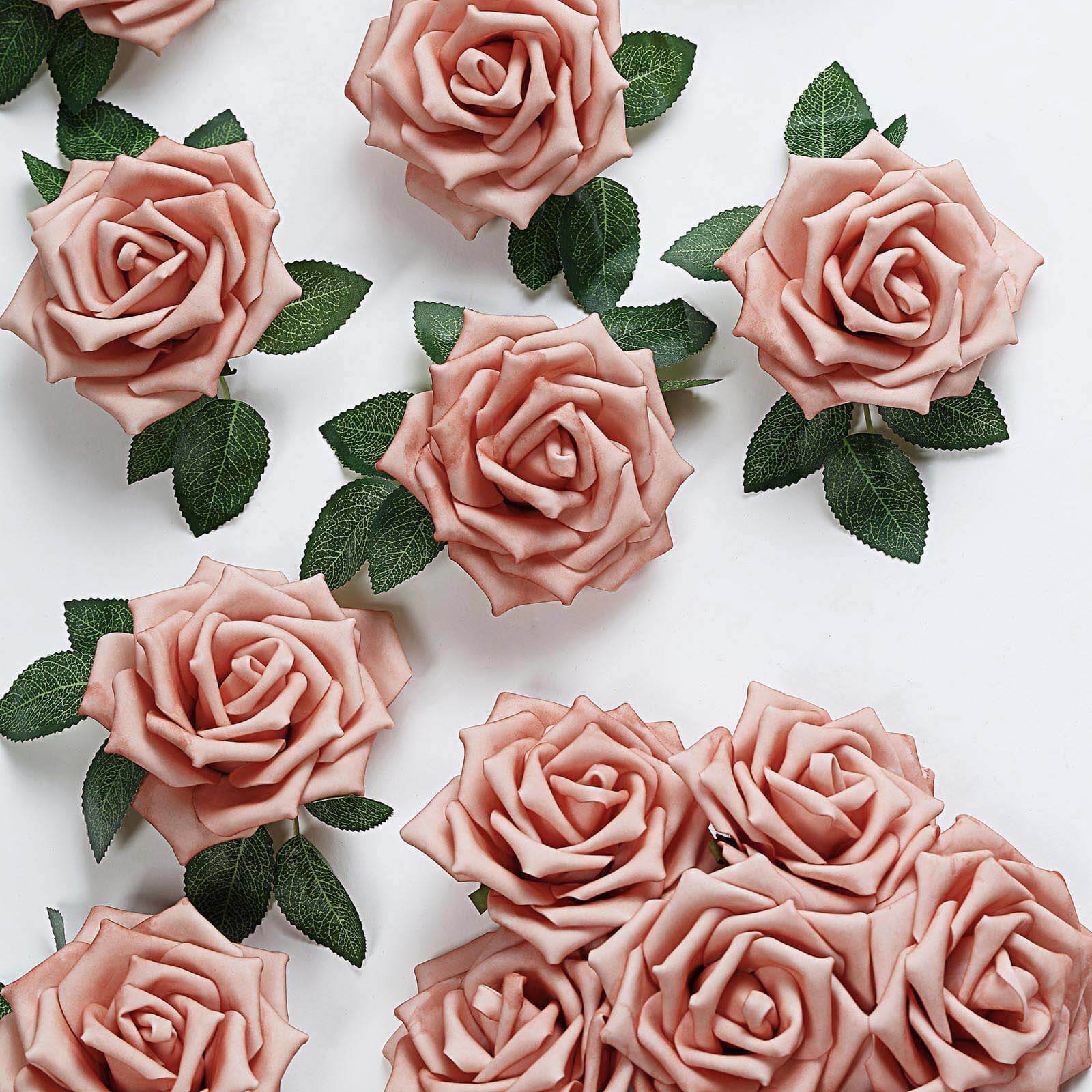 24 Roses 5" Dusty Rose Artificial Foam Flowers With Stem Wire and Leaves