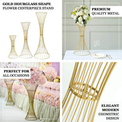 48" Tall Gold Metal Wire Hourglass Flower Frame Stand, Open Frame Reversible Trumpet Centerpiece Stand