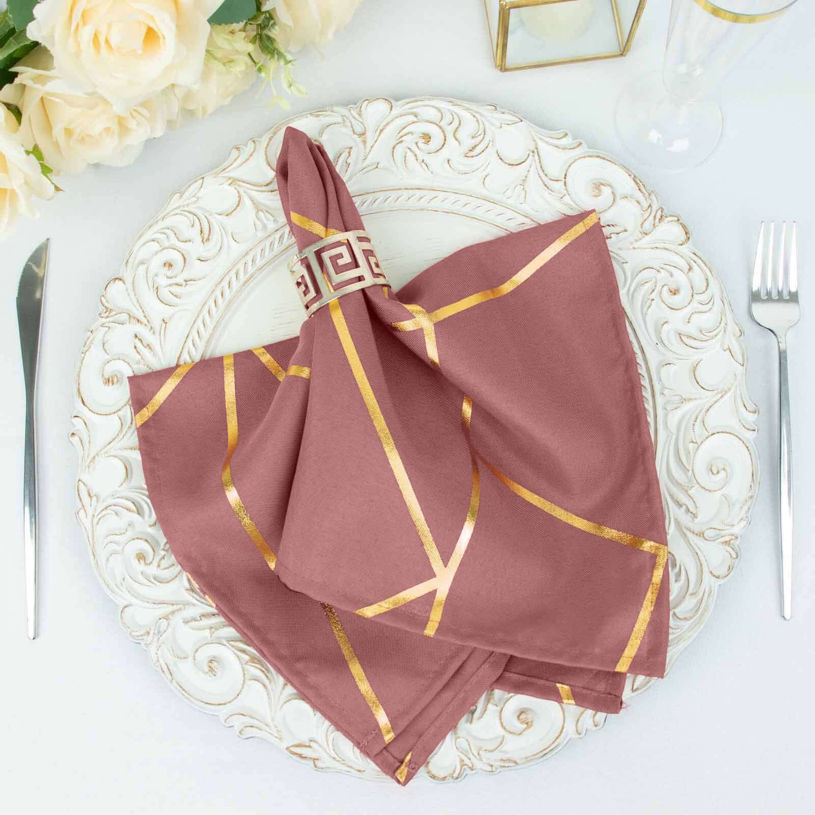 5 Pack Polyester 20"x20" Napkins Cinnamon Rose with Gold Geometric Foil Pattern - Modern Reusable Dinner Napkins