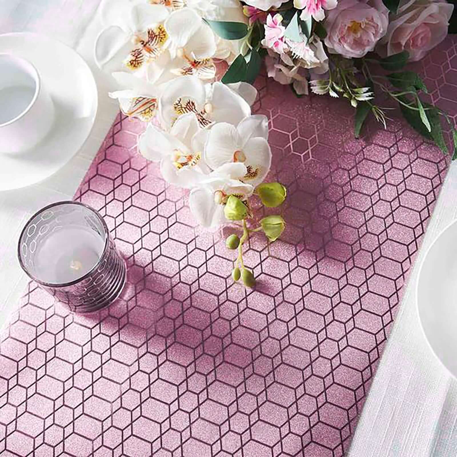 Glitter Paper 9ft Table Runner Roll Rose Gold Disposable Geometric Honeycomb Pattern - Stylish Table Decor