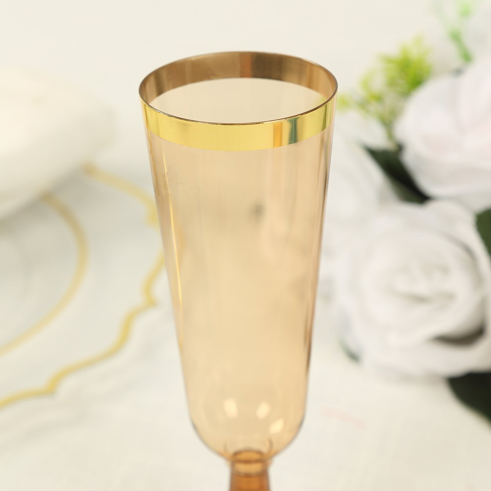 12-Pack Plastic Champagne Flutes Transparent Amber Gold with Gold Rim - Stylish Disposable Cocktail Glasses for Parties 5oz 6"