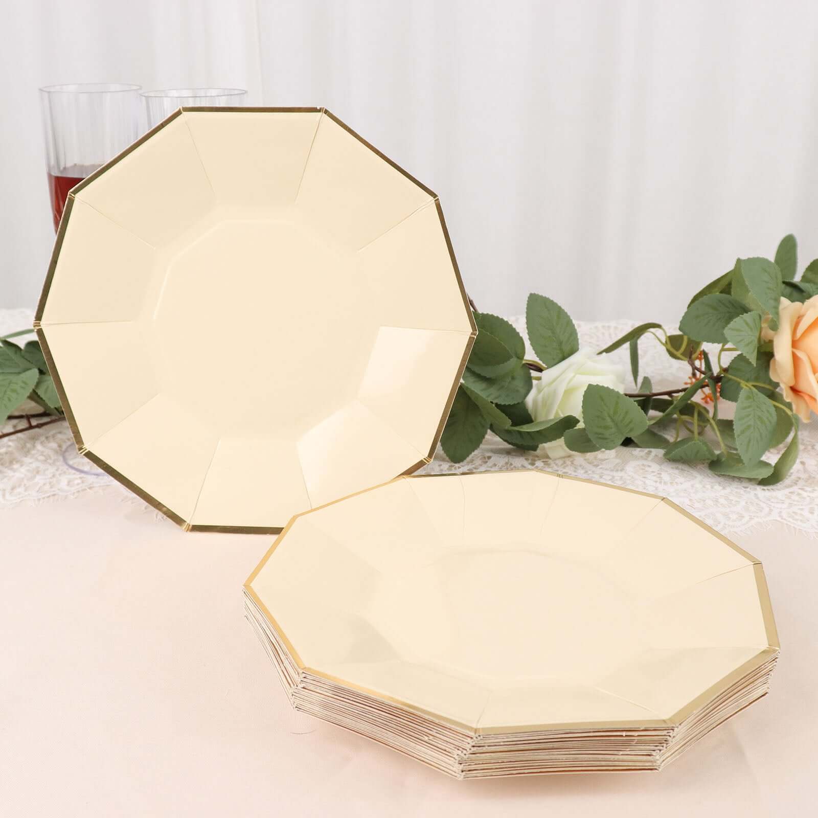 25-Pack Paper 9" Decagon Dinner Plates in Beige with Gold Foil Rim - Disposable Geometric Party Plates for Modern Weddings & Events