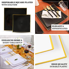 10-Pack Plastic 8" Square Dessert Plates in Clear Concave Style with Gold Rim - Modern Disposable Salad Appetizer Party Plates