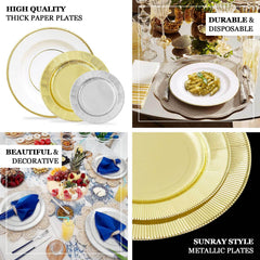 25-Pack Paper 10" Round Dinner Plates in Black Sunray Design with Gold Rim - Disposable Heavy Duty 350GSM Party Plates for Banquets & Celebrations