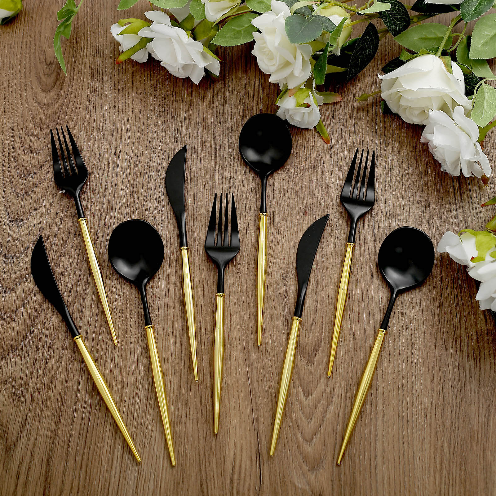 24-Pack Plastic Flatware Set in Black with Gold Handle - Heavy Duty Disposable Modern Silverware 8"