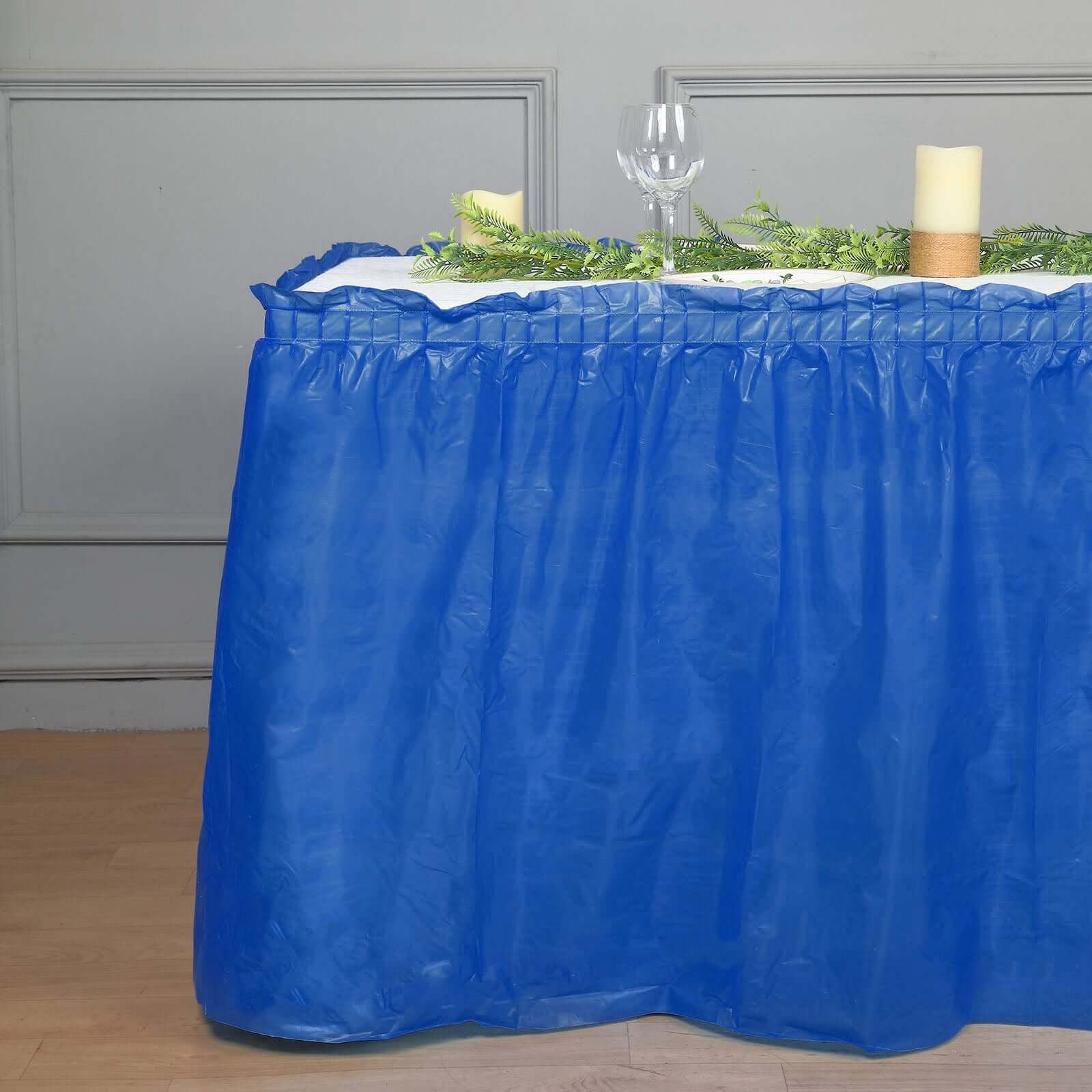 5 Pack Plastic Table Skirts Royal Blue Ruffled - Durable Disposable Skirts for Events 14ft