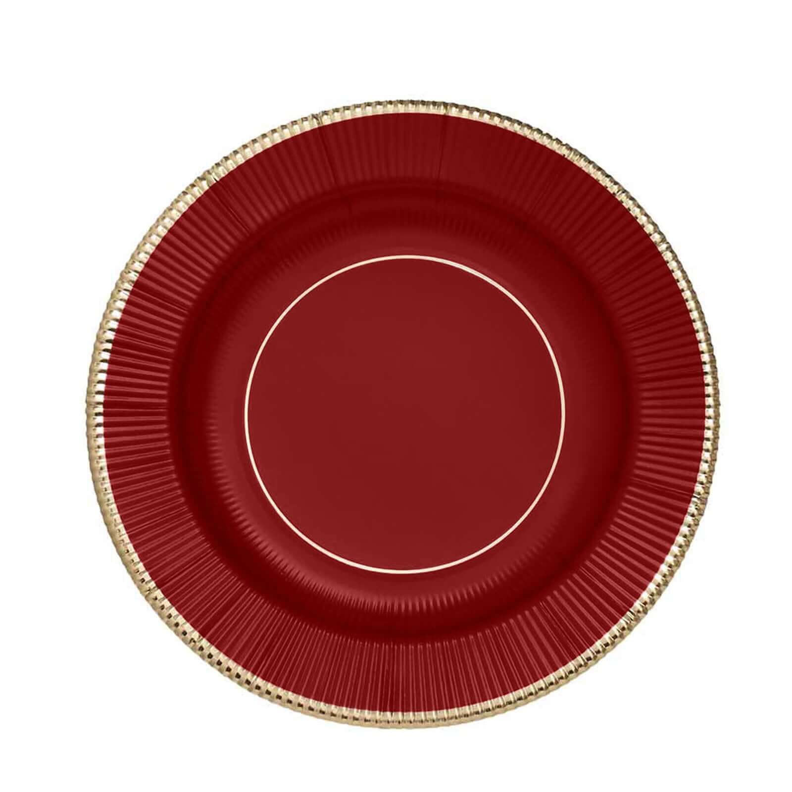 25-Pack Paper 8" Round Dessert Plates in Burgundy Sunray Design with Gold Rim - Disposable Heavy Duty 350GSM Appetizer Salad Plates
