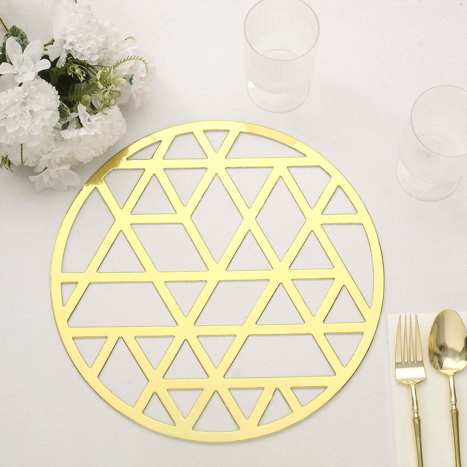 6-Pack Disposable Table Placemats in Metallic Gold Laser Cut Geometric Triangle Design - 700GSM Cardboard Placemats for Glamorous Table Settings 13"