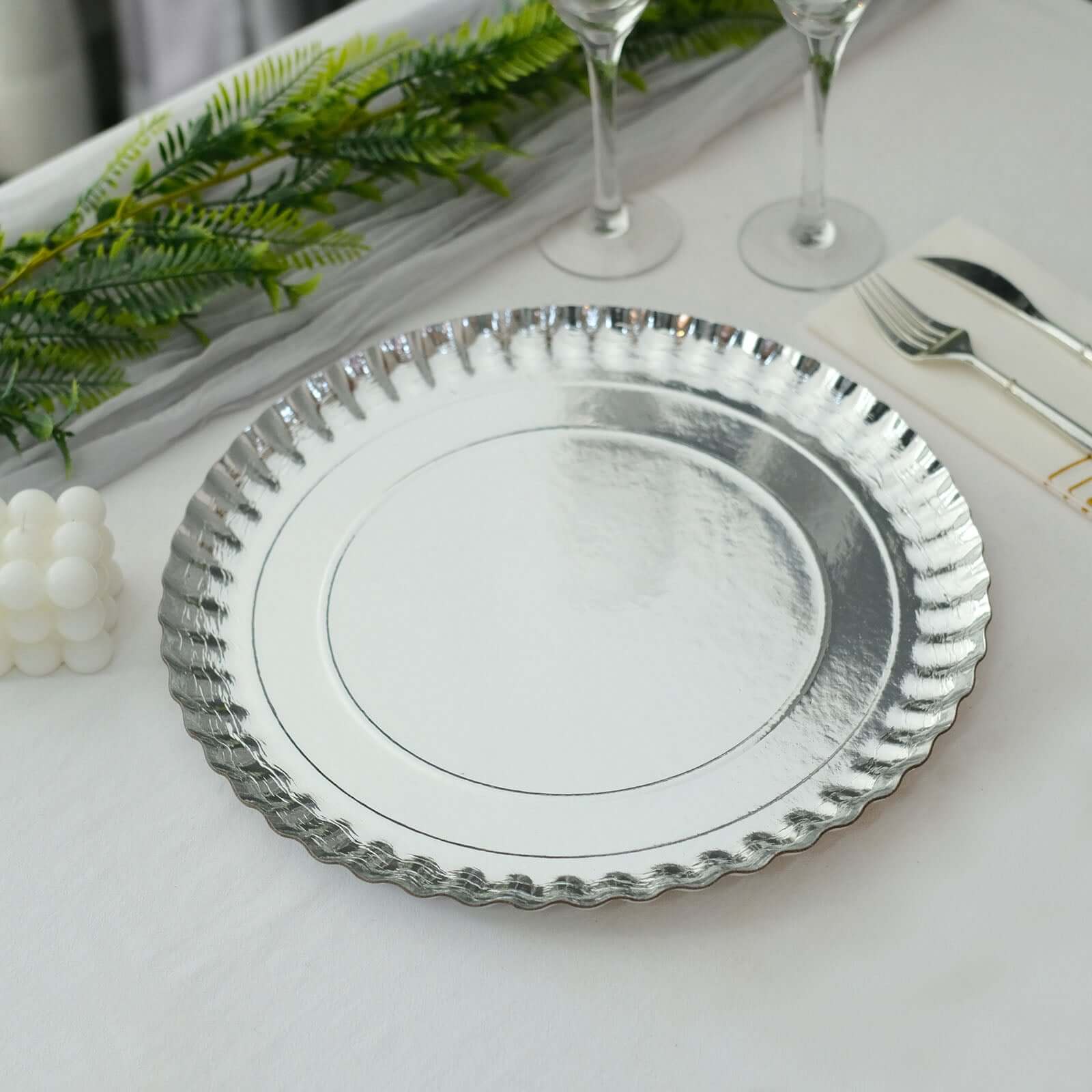 10-Pack Paper 13" Round Charger Plates in Silver with Scalloped Rims - Heavy Duty Disposable 1100GSM Serving Trays for Glam Events & Wedding Receptions