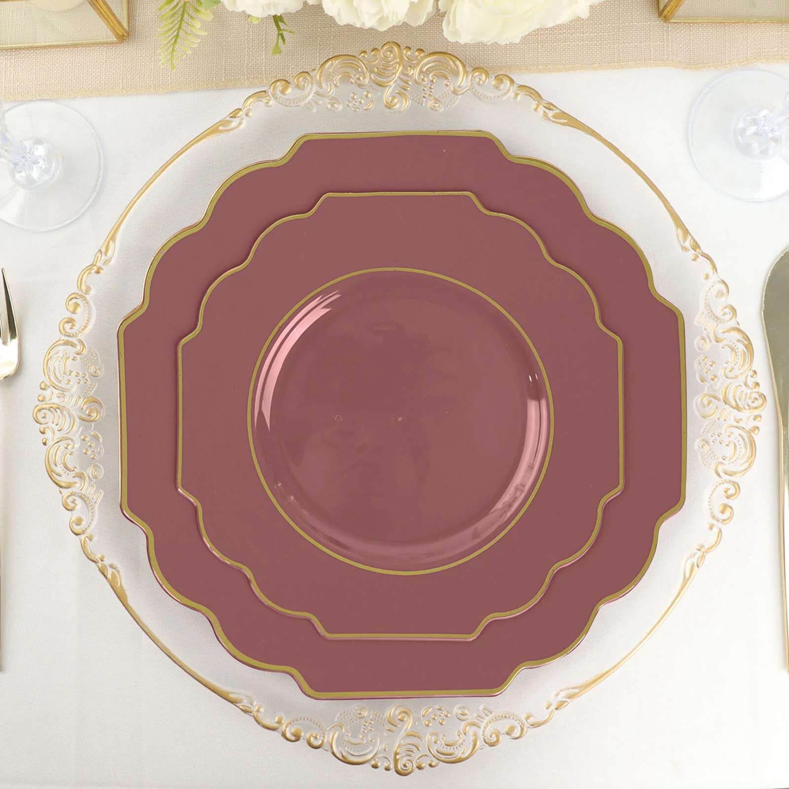 10-Pack Plastic Dessert Appetizer Plates in Cinnamon Rose Baroque Design with Scalloped Gold Rim - Heavy Duty Disposable Salad Plates 8"